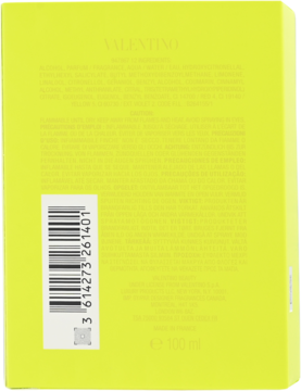 Tył jaskrawożółtego opakowania perfum Valentino Donna Born In Roma Yellow Dream 100ml, z kodem kreskowym i tekstem.