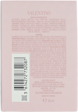 Tył jasnoróżowego opakowania perfum Valentino 50ml z listą składników i czarnym kodem kreskowym.