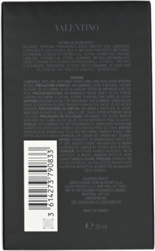 Valentino Uomo Born in Roma Intense, tył ciemnego opakowania wody perfumowanej 50 ml z kodem kreskowym.