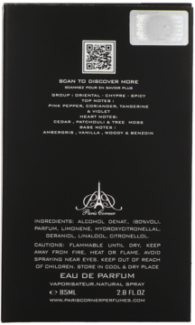 Tył czarnego opakowania Paris Corner EAU DE PARFUM 85ml z białym tekstem, listą składników i kodem QR.