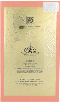 Tył opakowania Paris Corner Qissa Pink Eau de Parfum, złoty, w pióra, z listą składników.