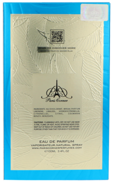 Tył opakowania perfum Paris Corner Qissa Blue 100ml, z listą składników i QR kodem na złotym tle.