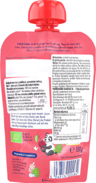 Tył różowego musu Babydream jabłko-granat-wiśnia w tubce, z pełną etykietą produktu, danymi odżywczymi i pandą.