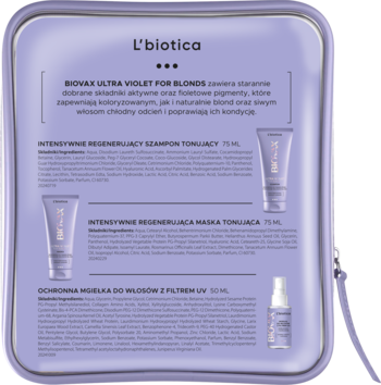 L'biotica Biovax Ultra Violet For Blonds zestaw podróżny: otwarta fioletowa kosmetyczka z mini szamponem, maską, mgiełką.