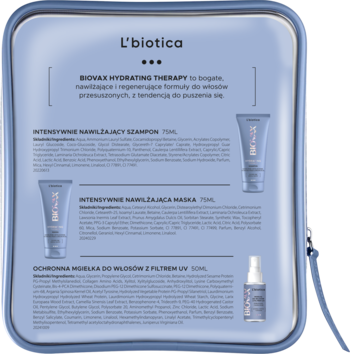 L'BIOTICA BIOVAX Hydrating Therapy ,zestaw mini kosmetyków, szampon do włosów + mgiełka do włosów z filtrem UV + maska do włosów + kosmetyczka,tył