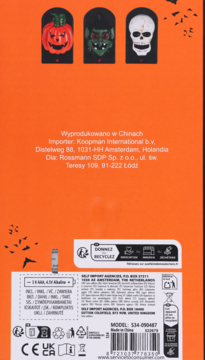 Tył opakowania halloweenowego dzwonka na baterie, pomarańczowe z grafikami dyni, trolla, czaszki i polskim tekstem.