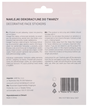 Tył opakowania naklejek dekoracyjnych do twarzy z instrukcją użycia, ostrzeżeniami i danymi producenta JUMM.