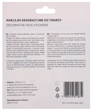 Tył opakowania z naklejkami dekoracyjnymi do twarzy, widoczne instrukcje użytkowania po polsku i angielsku.