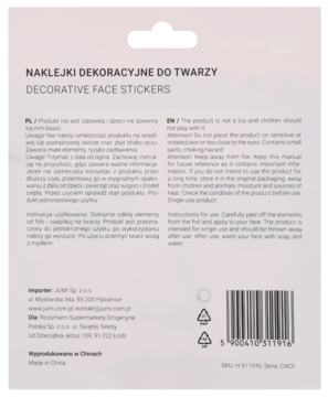 Tylna strona opakowania dekoracyjnych naklejek na twarz, z instrukcjami użycia po polsku i angielsku, kodem kreskowym.