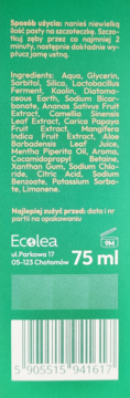 Tył zielonej tubki pasty do zębów Ecolea 75 ml, z widoczną listą składników i sposobem użycia.