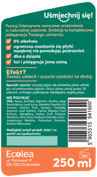 Tył zielonej butelki SmileUp Ecolea 250ml, płyn do płukania ust bezalkoholowy. Widoczne skład, użycie, kod.