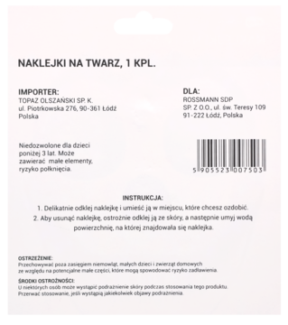 Tył opakowania naklejek na twarz, 1 sztuka, z instrukcjami użytkowania, ostrzeżeniami i kodem kreskowym.
