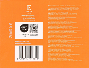 Tył pomarańczowego opakowania produktu microfibra ESSEX z kodem kreskowym, symbolami prania i certyfikatem Oeko-Tex.