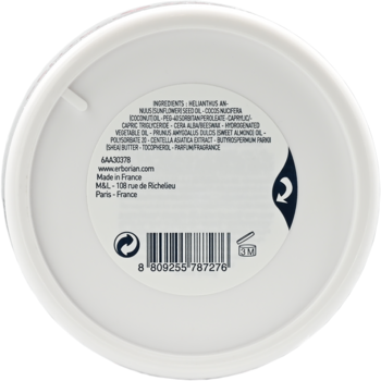 Spód białego opakowania Erborian Centella Cleansing Balm z listą składników i kodem kreskowym.