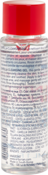 Tył opakowania Erborian Centella Cleansing Gel w przezroczystej butelce z czerwoną nakrętką, z listą składników i opisem użycia.