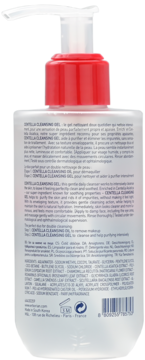 Tył butelki Erborian Centella Cleansing Gel, delikatny żel do mycia twarzy z czerwoną pompką, lista składników.