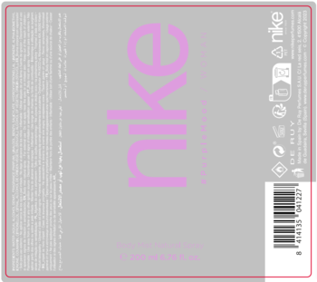 Tył szarego opakowania mgiełki Nike Purple Mood Woman Body Mist z różowym logo i kodem kreskowym.