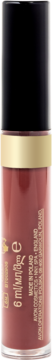 Avon Winylowa szminka w płynie 16H w odcieniu ciemnego beżowego różu, czarna nakrętka i złoty pasek, widok z przodu.
