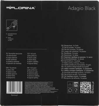 Tył czarnego opakowania zestawu sztućców FLORINA Adagio Black z wielojęzycznymi opisami i rysunkiem widelca.