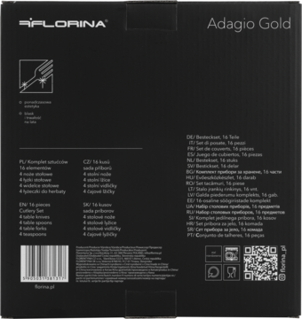 Tył czarnego opakowania zestawu sztućców FLORINA Adagio Gold z listą cech produktu i ikonami, widoczne teksty w wielu językach.