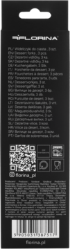 Black Florina box for 3 dessert forks, showing multi-language text, QR code, and barcode on the back.