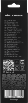Tył czarnego opakowania 3 łyżeczek Florina z wielojęzycznym opisem produktu, kodem QR i kodem kreskowym.
