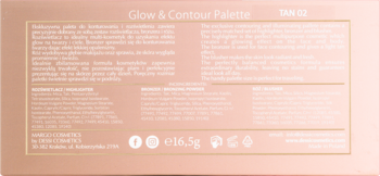 Tył opakowania palety Glow & Contour TAN 02, rose gold, z trudnym do odczytania opisem i składem produktu.