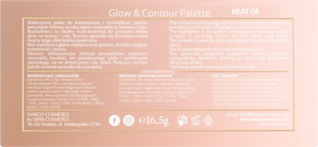 Tył opakowania Glow & Contour Palette z etykietą, opisem, składem, wagą 16,5g i ikonami social media.