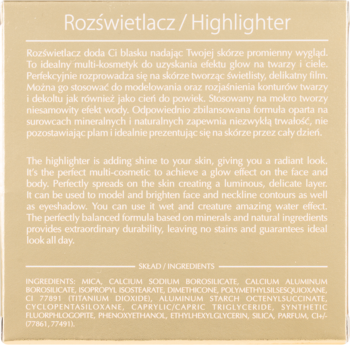 Tył złotego opakowania rozświetlacza Dessi Diamond Stars z opisem produktu i listą składników.