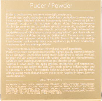 Dessi Beige puder prasowany, tył beżowego opakowania z listą naturalnych składników i opisem produktu.