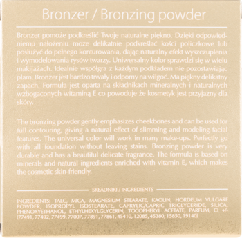 Tył matowego bronzera Dessi Palm Springs w kamieniu. Widoczne szczegółowe informacje o składnikach w języku polskim i angielskim.