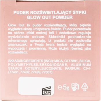 Tył różowego opakowania sypkiego pudru rozświetlającego Dessi Glow Out Powder ze składem INCI.