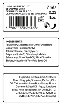 Tył opakowania olejku do ust Tuli Labs Caramel Chick z pełną listą składników i informacjami o produkcie.