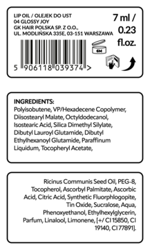 Tył opakowania olejku do ust Tuli Labs 04 Glossy Joy 7ml, widoczna lista składników i kod EAN na białym tle.