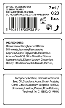 Etykieta tylna olejku do ust Tuli Labs 05 Shiny Pearls, prezentująca listę składników i informacje o produkcie.