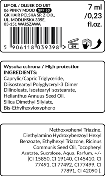Tył opakowania olejku do ust Tuli Labs Pinky Mood SPF 50, z listą składników i kodem kreskowym.