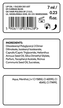 Tył opakowania olejku do ust Tuli Labs Currant Bliss 7 ml, z pełną listą składników i kodem kreskowym.