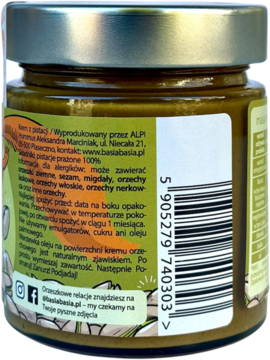 Tył słoika kremu pistacjowego Basia Basia. Widoczna etykieta ze składem 100% pistacji, informacjami o braku cukru i oleju palmowego.