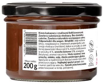 Tył szklanego słoika kremu kakaowego z liofilizowanymi malinami. Biała etykieta z info: wegański, bez cukru, 200g.