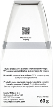 Tył białego opakowania kulek proteinowych Foods by Ann o smaku masła orzechowego 60g ze składem i QR kodem.