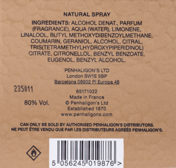 Penhaligon's Legacy of Petra, tył opakowania na beżowym kartonie: lista składników, kod kreskowy, 80% Vol.