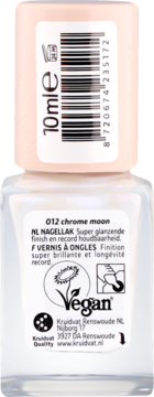 Tył lakieru do paznokci Kruidvat 012 Chrome Moon, 10ml, z widocznym kodem kreskowym i etykietą Vegan.