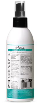 Tył białej butelki sprayu antystatycznego Ania Vanilla & Patchouli 220 ml, z zielono-białą etykietą i tekstem.