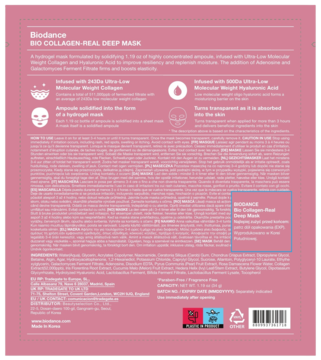 Tył opakowania hydrożelowej maski Biodance Bio Collagen Real Deep Mask, różowe tło, biały tekst składników.