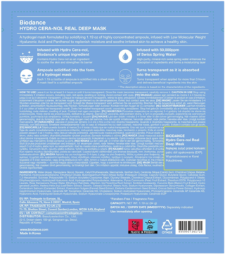 Tył niebieskiego opakowania Biodance Hydro Cera-Nol Real Deep Mask, opis składników i działanie.