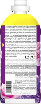 Tył butelki Lenor Floral Bouquet płynu do płukania, fioletowo-żółtej, z etykietą, kodem kreskowym i kwiatami.