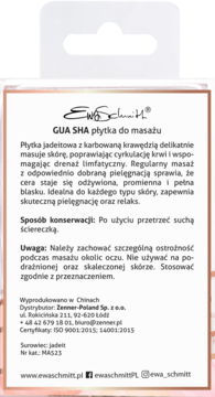 Tył opakowania płytki do masażu GUA SHA Ewa Schmitt z białego jadeitu, z widocznymi informacjami o produkcie.