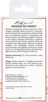 Tył opakowania masażera do twarzy Ewa Schmitt z różowego jadeitu, białe pudełko z instrukcją i składem.