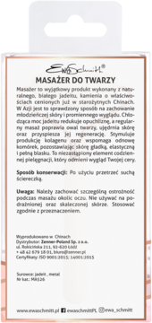 Tył opakowania masażera do twarzy Ewa Schmitt z białego jadeitu, instrukcje, kod MA526, biało-miedziana ramka.