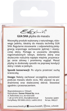 Tył opakowania płytki GUA SHA Ewa Schmitt z różowego jadeitu, instrukcje i informacje po polsku.